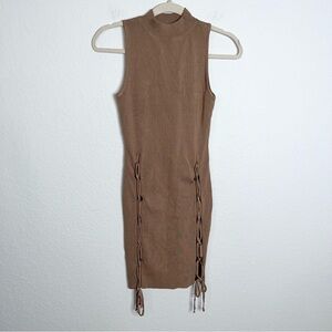Hera Collection Dress Women Small Bodycon Lace Up Side Slits Tan Sweater B15